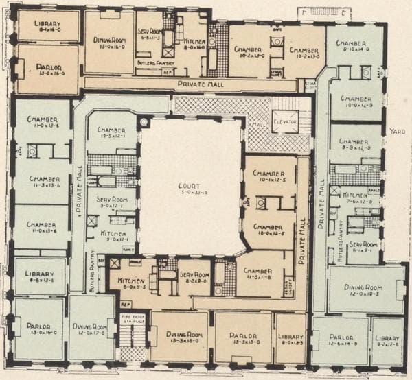 The Ambassador, southeast corner Madison Avenue and 97th Street; Plan of first floor; Plan of upper floors., 1908