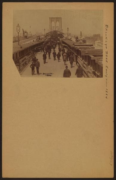 Bridges - Brooklyn Bridge - [View of the sightseeing public walking the length of Brooklyn Bridge during its construction.], 1884