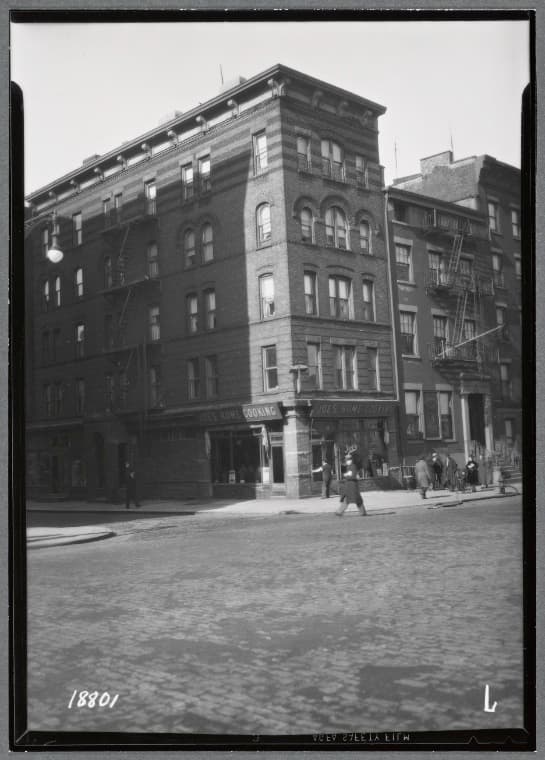 Tenements & rowhouses; Joe's Home Cooking, Jeffersonian Club: 591-599 Hudson St-Bethune St., Manhattan, 1938