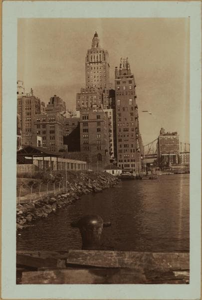 East River - Shore and skyline of Manhattan between East 50th and 58th Streets - Williamsburg and Queensborough Bridges - [Campanile Apartments ; River House.], 1937–1939