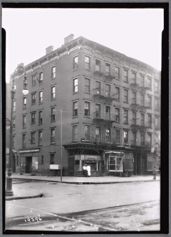 E. J. Graziano Funeral Director; V. DiStefano Meat Market: 322 Delancey St.-Lewis St., Manhattan, 1935