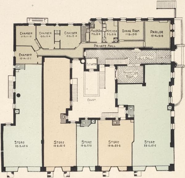 Washington Court, northeast corner Broadway and 143rd Street. Plan of first floor; Plan of upper floors., 1908