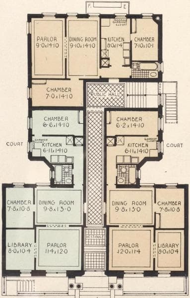 The Eugene, 521-523 West 182nd Street; Plan of first floor; Plan of upper floors; View from the Eugene looking East., 1908