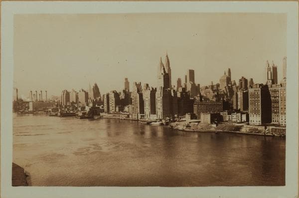 East River - Shore and skyline of Manhattan Between East 49th and 58th Streets - Williamsburg and Queensborough Bridges., 1933