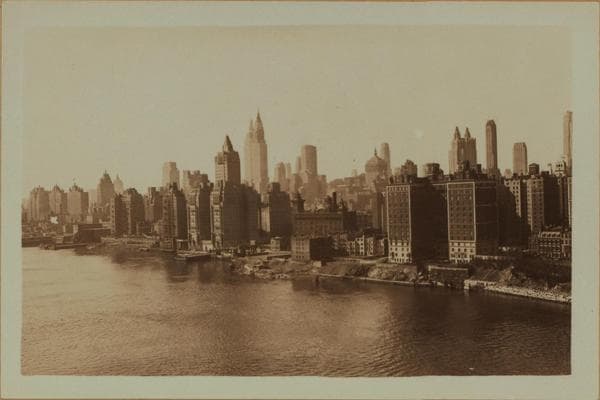East River - Shore and skyline of Manhattan from East 57th Street - [Sutton Place ] - Williamsburg and Queensborough Bridges., 1933