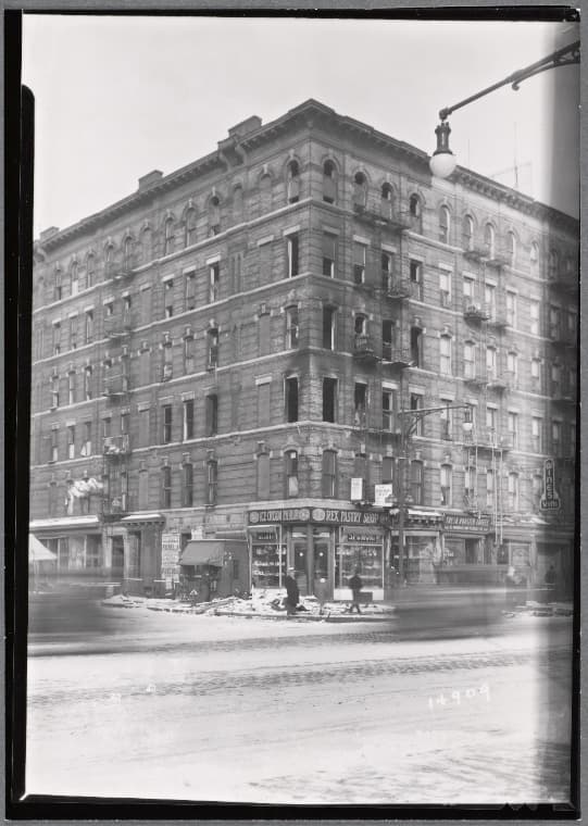 Tenement with fire damage; Rex Pastry Shop: 1st Ave.- E. 112th St., Manhattan, 1935