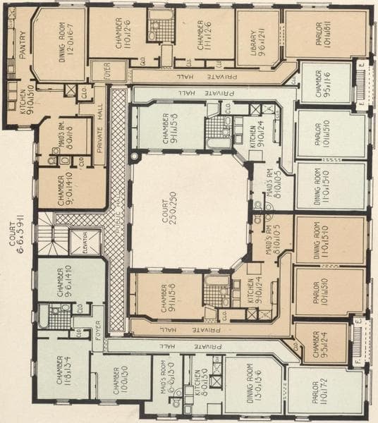 La Touraine and Mont Cenis, 46 and 50 Morningside Drive; Typical floor plan of the Mont Cenis, 50 Morningside Drive West, southwest corner of 116th Street ; Typical floor plan of La Touraine, 46 Morningside Drive West, northwest corner of 115th Street., 1908