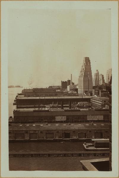 East River - shore and skyline ; South ferry, Williamsburg bridge. [Manhattan: Dover Street.], 1932–1934