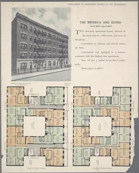 The Minerva and Idonia, 703 -709 West 178th Street; Plan of first floor; Plan of upper floors., 1909