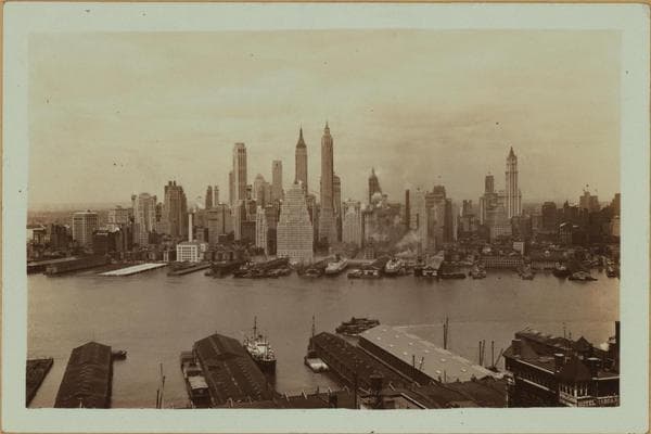 East River - Shore and skyline of lower Manhattan - South Ferry - Williamsburg Bridge - [Confluence of the East and North (Hudson) Rivers.], 1933
