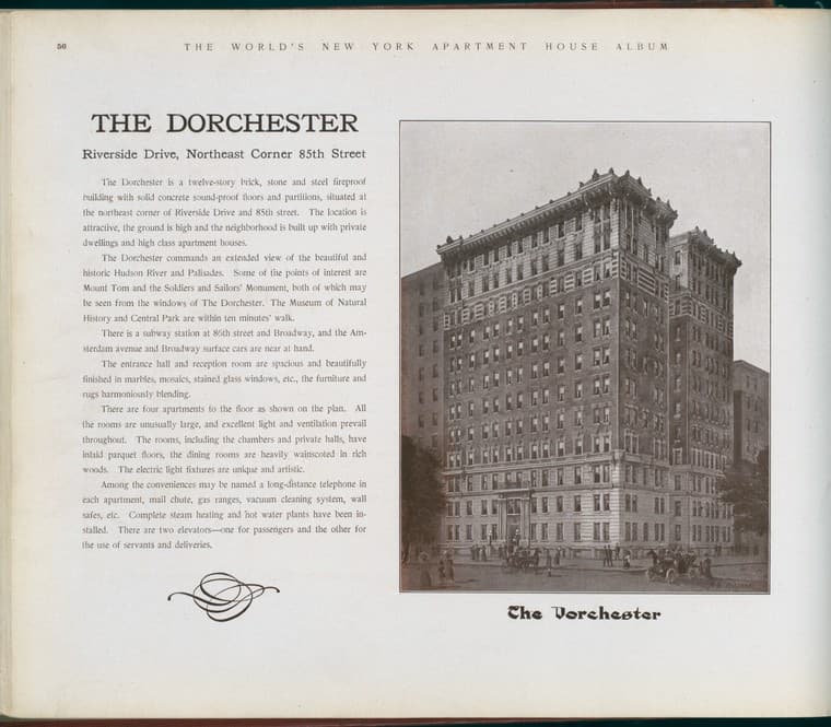 The Dorchester. Riverside Drive, Northeast Corner 85th Street., 1910-03