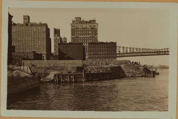 East River - Shore and skyline of Manhattan between East 54th and 55th Streets - [Sutton Place] - Williamsburg and Queensborough Bridges., 1933–1937
