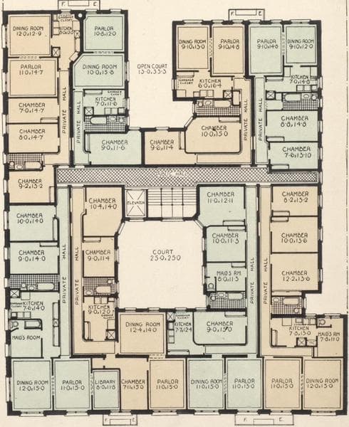 The Kathmere, northwest corner Broadway and 135th Street; Plan of first floor; Plan of upper floors., 1908