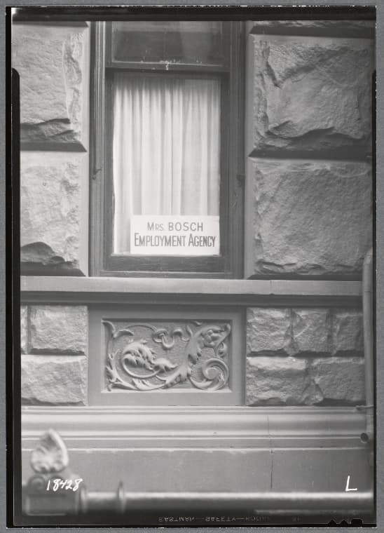 Apartment window with sign for Mrs. Bosch Employment Agency: 123 E. 82nd St.-Lex Av- Park Av, Manhattan, 1937