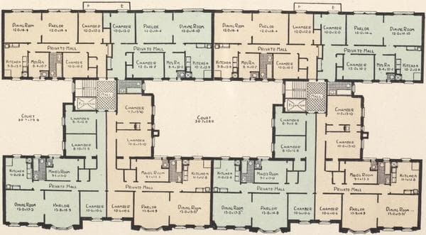 Two concrete partment houses: Nos. 616 to 628 West One hundred and thirty-seventh Street; Typical plan of upper floors., 1908