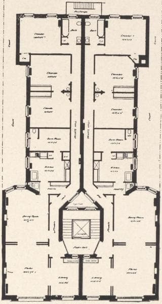 Miscellaneous apartments. The Trouville, 107th Street and Broadway, facing Schuyler Square; Typical floor plan; The Kiltonga, 540 West 112th Street, near Broadway; Typical floor plan., 1908