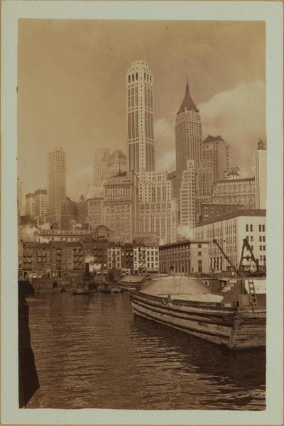 East River - Shore and skyline of lower Manhattan - South Ferry - Williamsburg Bridge - Guylers Alley - Old Slip., 1932
