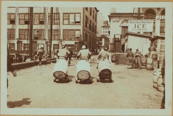 Fulton fish market in Manhattan - [Fish iced and barrelled at market docks.], 1934