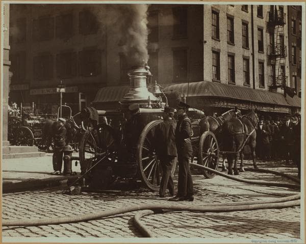 Fires, accidents and tragedies - [Horse-drawn fire engine in action.], 1905