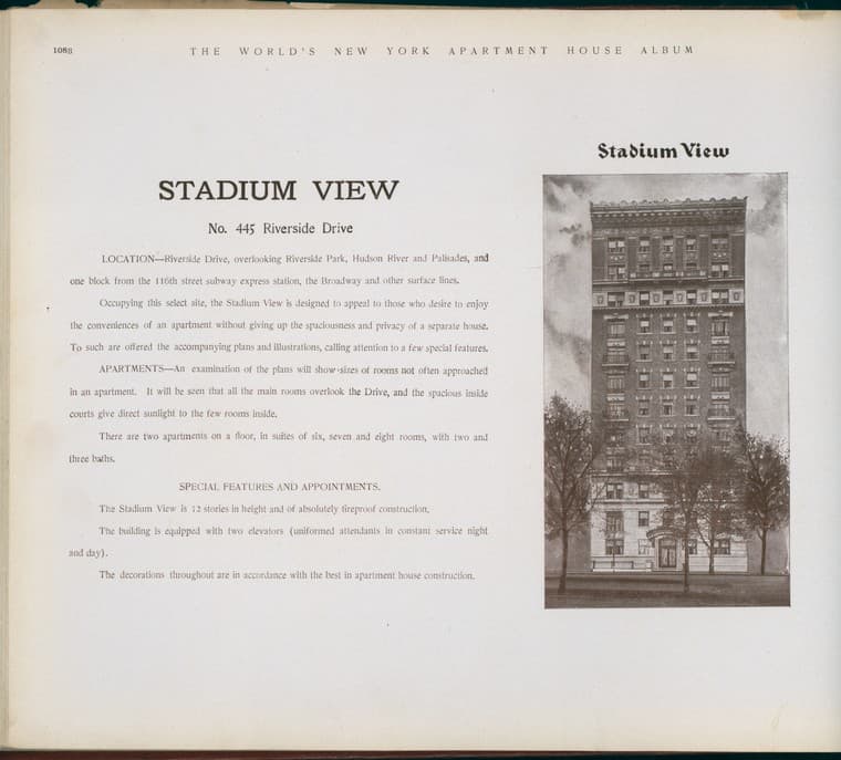 Stadium View. No. 445 Riverside Drive., 1910-03