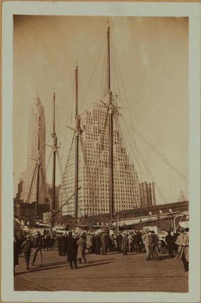 East River - Pier 11 - [Bank of Manhattan - 60 Wall Street Tower - Schooner R.R. Govin.], 1933
