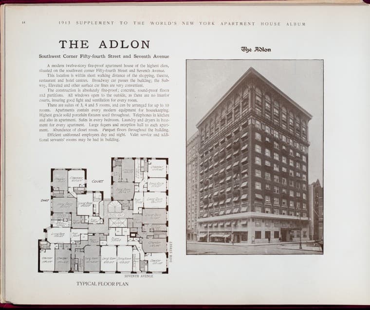 The Adlon. Southwest Corner Fifty-fourth Street and Seventh Avenue., 1913