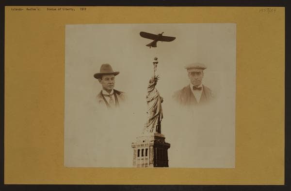 Islands - Bedloe's Island - [View of the Statue of Liberty from a hydroplane, driven by aviator Coffyn and photographed by A.C. Duff.], 1912