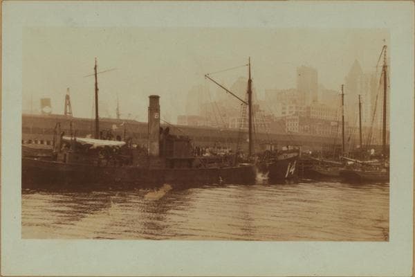 East River - Pier 17 - Manhattan - South Street - [Unloading boats for Fulton fish market.], 1923–1925