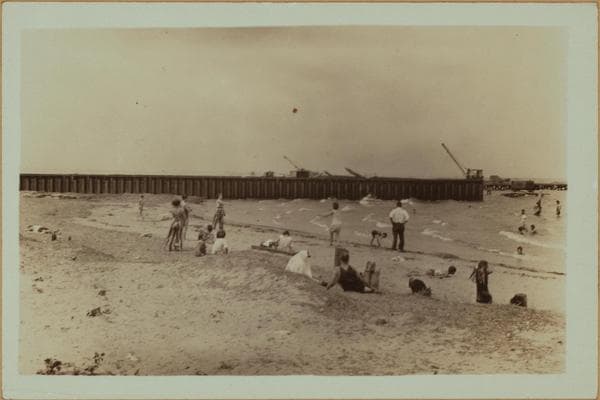 Islands - Barren Island - Bathers near dyke for new airport fill - [Rockaway Pier.], 1931