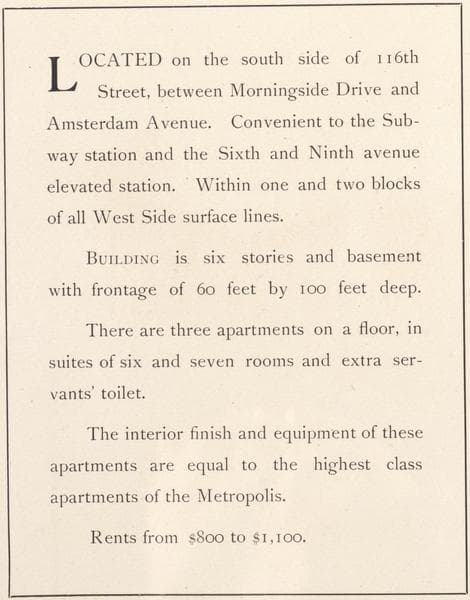 La Valenciennes, 404 West 116th Street; Plan of upper floors., 1908