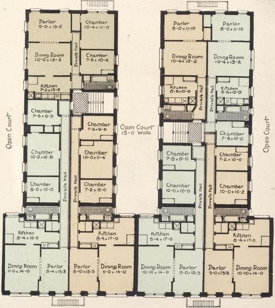 Arnold and Fulton Halls, 320-324 West 96th Street; Plan of first floor; Plan of upper floors., 1908