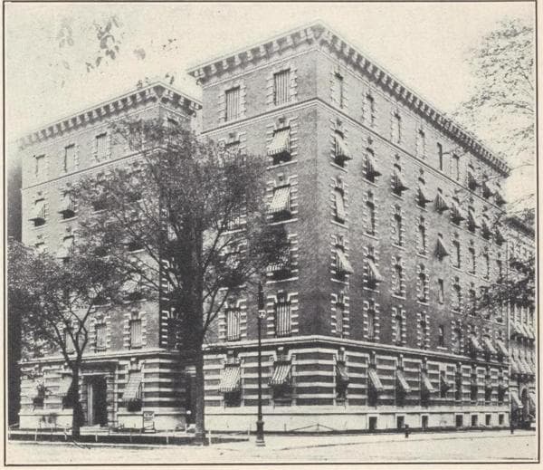 Miscellaneous apartments. The Fontainbleau, 1851 Seventh Avenue, southeast corner 113th Street and Seventh Avenue; Typical floor plan; The Ridgewood, northeast corner 107th Street and Broadway, facing Schuyler Square; Typical floor plan; The Chantilly, 1855th Seventh Avenue, northeast corner of 113th Street; Typical floor plan., 1908