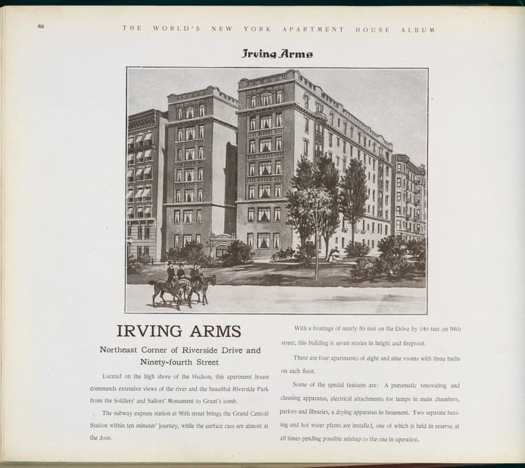 Irving Arms. Northeast Corner of Riverside Drive and Ninety-fourth Street., 1910-03