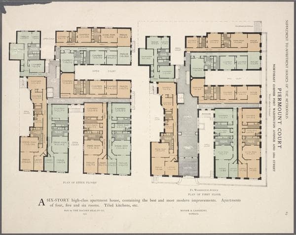 Piermount Court, northwest corner Fort Washington Avenue and 180th Street. Plan of upper flooors; Plan of first floor., 1909