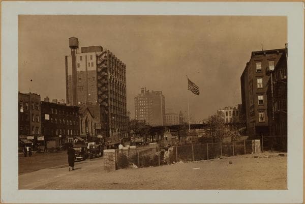Manhattan: 6th Avenue - Minetta Street. Top: Sixth Avenue, (Extension), east side, north from Minetta Street, showing clearace from Minetta Street to Minetta Lane. Also seen is the Sixth Avenue Elevated Line on West 3rd Street, making a sharp bend, to continue northward on Sixth Avenue, May 29, 1935. Bottom: The same, including the west side of Sixth Avenue, showing a playground on the former clearance, October 29, 1936., 1935–1936