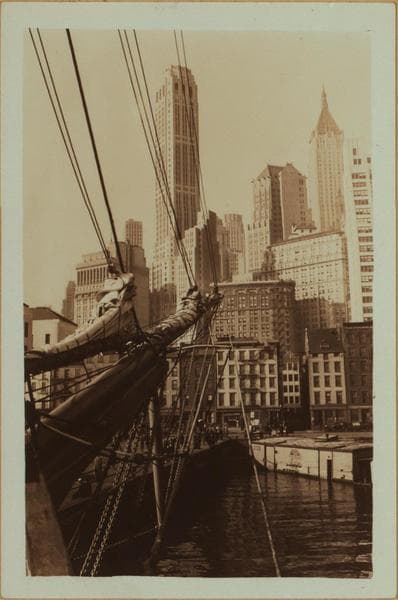 East River - shore and skyline ; South ferry ; Williamsburg bridge., 1933