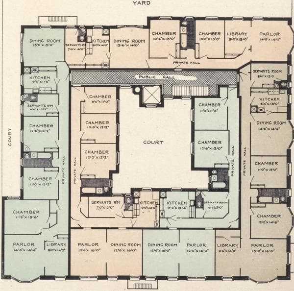 The Mecklenburg, southwest corner of Broadway and One hundred and forty-sixth Street; Plan of first floor; Plan of upper floors., 1908