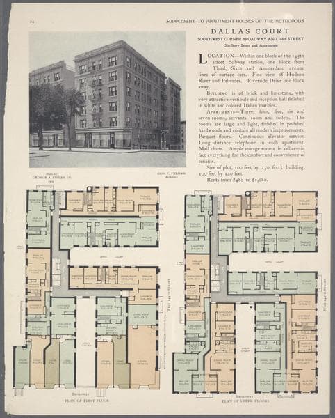 Dallas Court, southwest corner Broadway and 144th Street; Plan of first floor; Plan of upper floors., 1909
