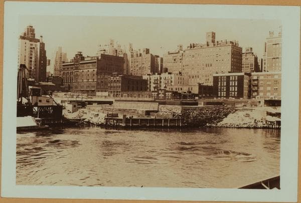 East River - Shore and skyline of Manhattan between East 54th and 55th Streets - [Sutton Place] - Williamsburg and Queensborough Bridges., 1933–1937