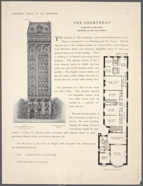 The Courtenay, 55 Central Park West, between 65th and 66th Streets; Typical floor plan., 1908