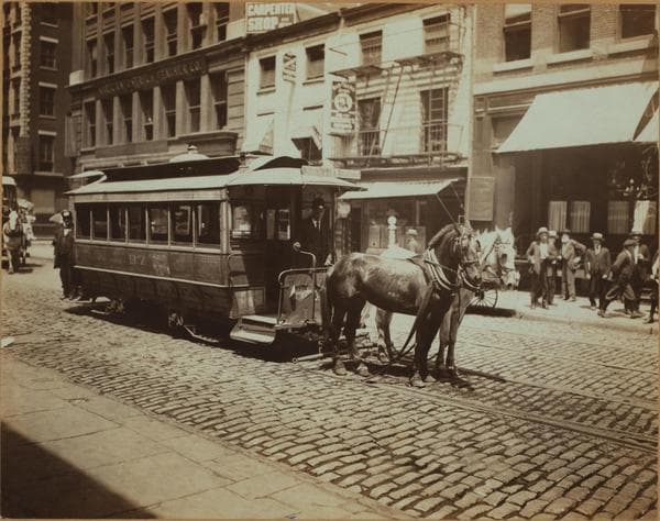 Transportation - Trolleys - [Horse drawn trolley cars run on Broadway line.], 1917