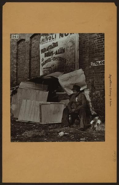 Squatters Colony - A hobo [and his shelter.], 1938