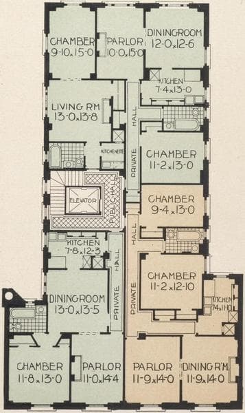 The Louisiana, 507 West 113th Street, between Broadway and Amsterdam Avenue; Plan of first floor; Plan of upper floors., 1909