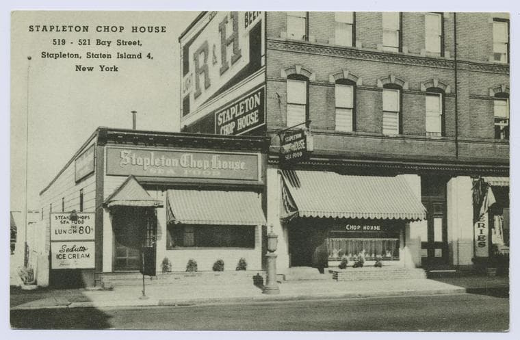 Stapleton Chop House, 519-521 Bay Street, Stapleton, Staten Island 4, New York [large billboard-type sign on side of building 'Light R & H Beer' - signs on front: 'Steaks, chops, sea food, lunch 80 cents', Sedutto's ice cream.]