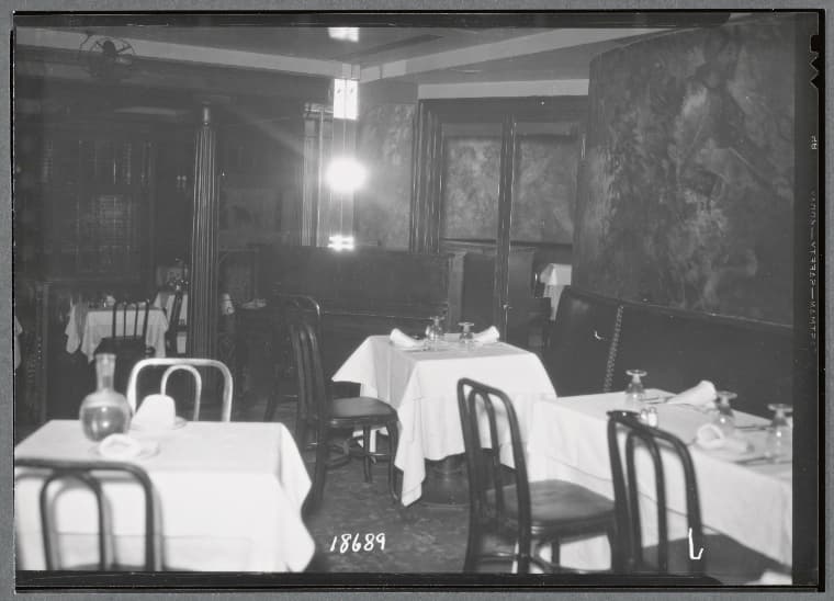 Interior views of Café des Artistes restaurant with murals: 1 W. 67th St. - Central Park West, Manhattan, 1938