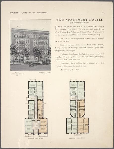 Two-apartment houses, 34-38 St. Nicholas Place; Plan of first floor; Plan of upper floors.
