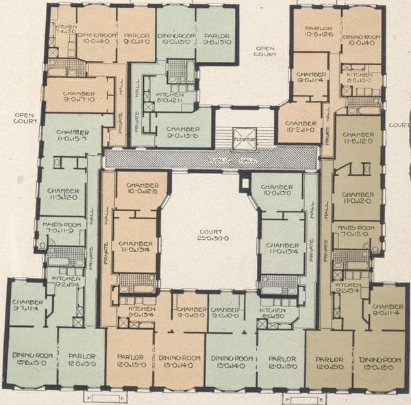 The Rotherwood, 717 West, 177th Street; Plan of first floor; Plan of upper floors., 1909