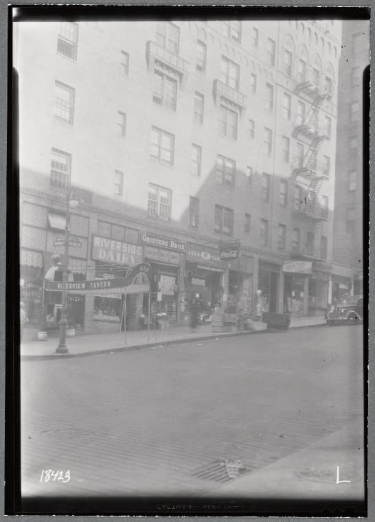 Apartment building with stores; Riverview Tavern, Gristede Bros: W. 181st St Northern Av (Cabrini Blvd), Manhattan, 1937