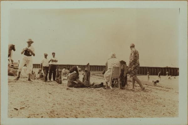 Islands - Barren Island - Bathers near dyke for new airport fill - [Rockaway Pier.], 1931