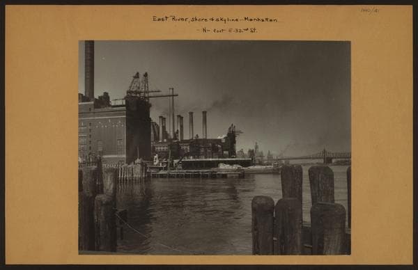 East River - Shore and skyline of Manhattan from East 32nd Street., 1939